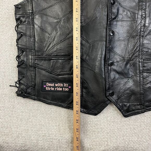 Diamond Plate Leather Vest Motorcycle Women’s Medium Black Embroidered Patches - Picture 5 of 13
